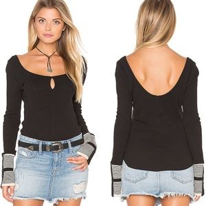 Free People Black Mod Stripe Cuff Long Sleeve Top